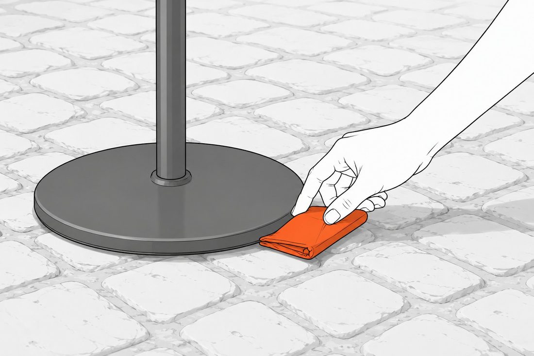 A hand slides a folded napkin under a table base to stop the wobble